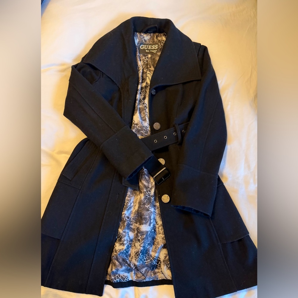 GUESS Women's Black Belted Coat with Patterned Lining